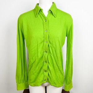Full Fashion Vintage 100% Cashmere Green Button Down Shirt Blouse Top Women Sz M